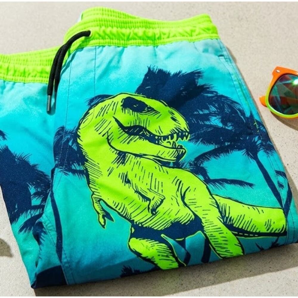 Lands End Boy's XL Swim Trunks Neon Dinosaur Y2K Kidcore Retro Summer Surf